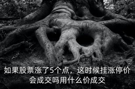 如果股票漲了5個點，這時候掛漲停價會成交嗎用什么價成交
