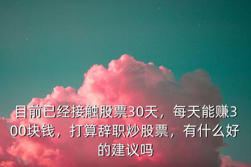 目前已經(jīng)接觸股票30天，每天能賺300塊錢，打算辭職炒股票，有什么好的建議嗎