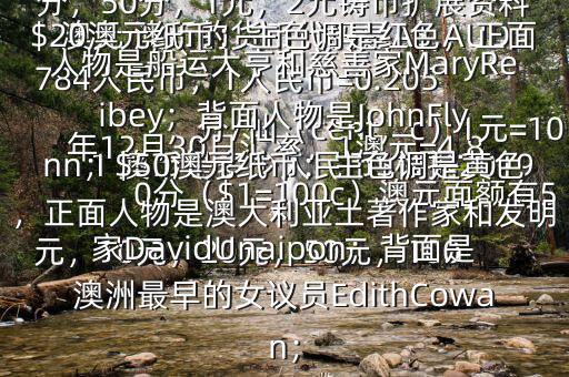 1 澳幣是多少人民幣$根據(jù)2019年12月30日匯率，1澳元=4.8784人民幣，1人民幣=0.205澳元 澳幣的貨幣代碼是A$,AUD，分/仙（cent，c）1元=100分（$1=100c）澳元面額有5元，10元，20元，50元，100元的塑料錢幣另有5分，10分，20分，50分，1元，2元鑄幣擴展資料$20澳元紙幣：主色調(diào)是紅色，正面人物是船運大亨和慈善家MaryReibey；背面人物是JohnFlynn；$50澳元紙幣：主色調(diào)是黃色，正面人物是澳大利亞土著作家和發(fā)明家DavidUnaipon；背面是澳洲最早的女議員EdithCowan；