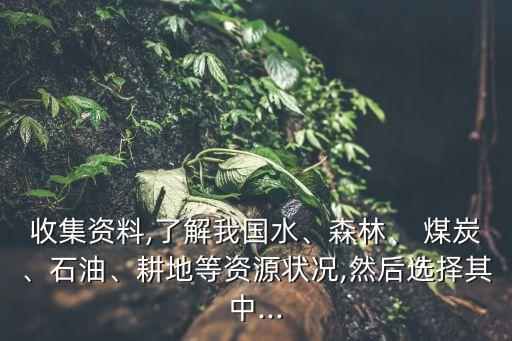 收集資料,了解我國水、森林、 煤炭、石油、耕地等資源狀況,然后選擇其中...